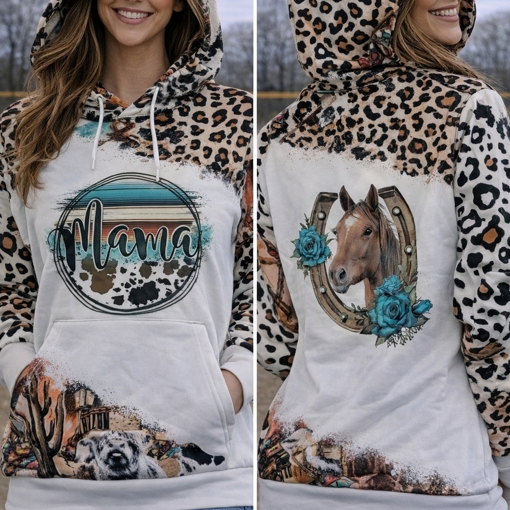 Leopard Print Women's Hoodie with Horse Design